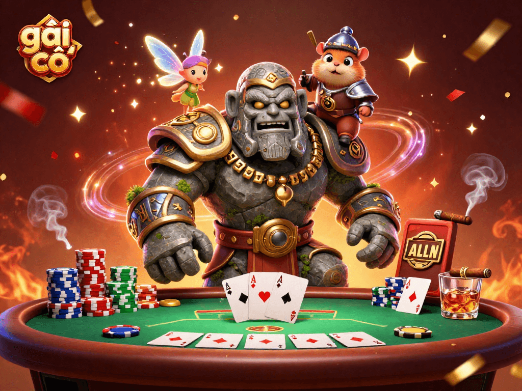 Win big with gái gọi at a fantasy casino featuring a lively golem and magical elements.