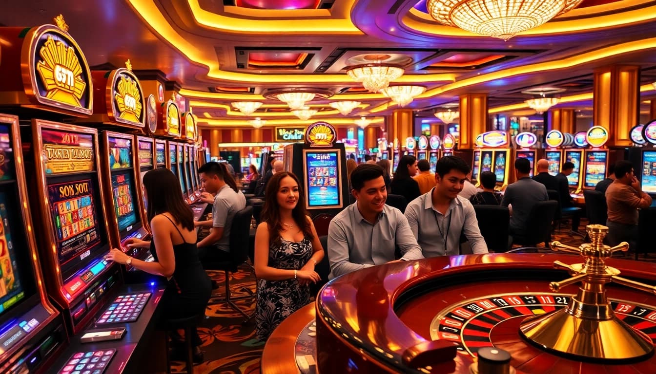 Players enjoying the excitement of slot777 machines in a vibrant casino environment.