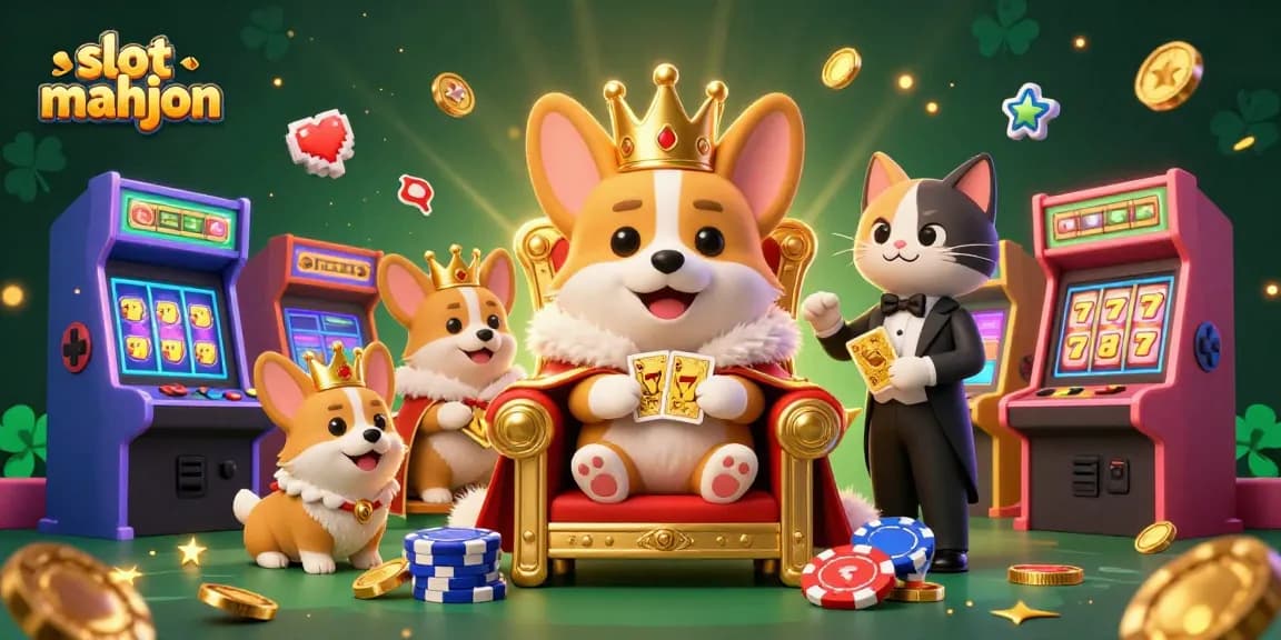 Spin the slot mahjong reels with royal corgi and vibrant 3D casino elements creating a fun atmosphere.