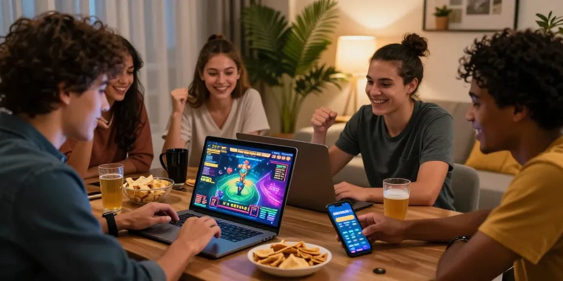 Exciting gaming session with friends enjoying rikvip online casino experience at home.