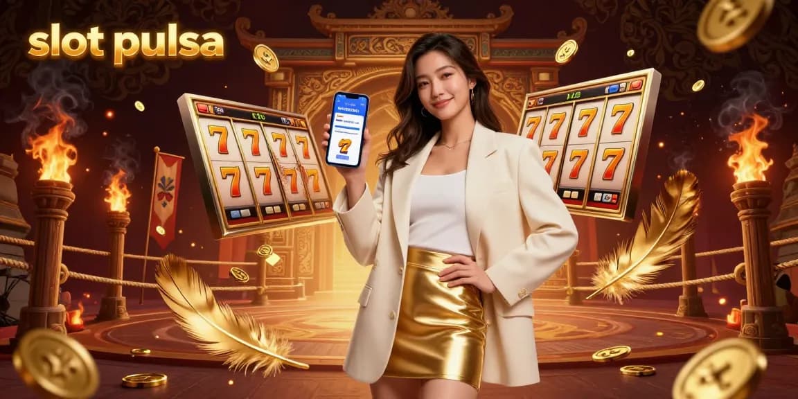 Spin to win on slot pulsa with a vibrant woman holding a smartphone, surrounded by golden coins and slot elements.