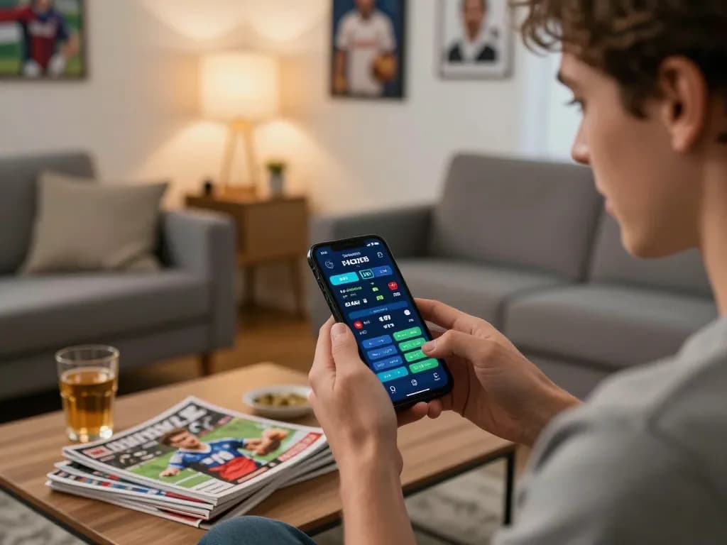 Engaged bettor using g28tv sports betting app on smartphone in a cozy home environment.