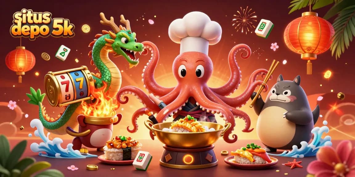 Situs depo 5k visual featuring an octopus chef with a dragon and a tanuki in a vibrant casino-themed scene