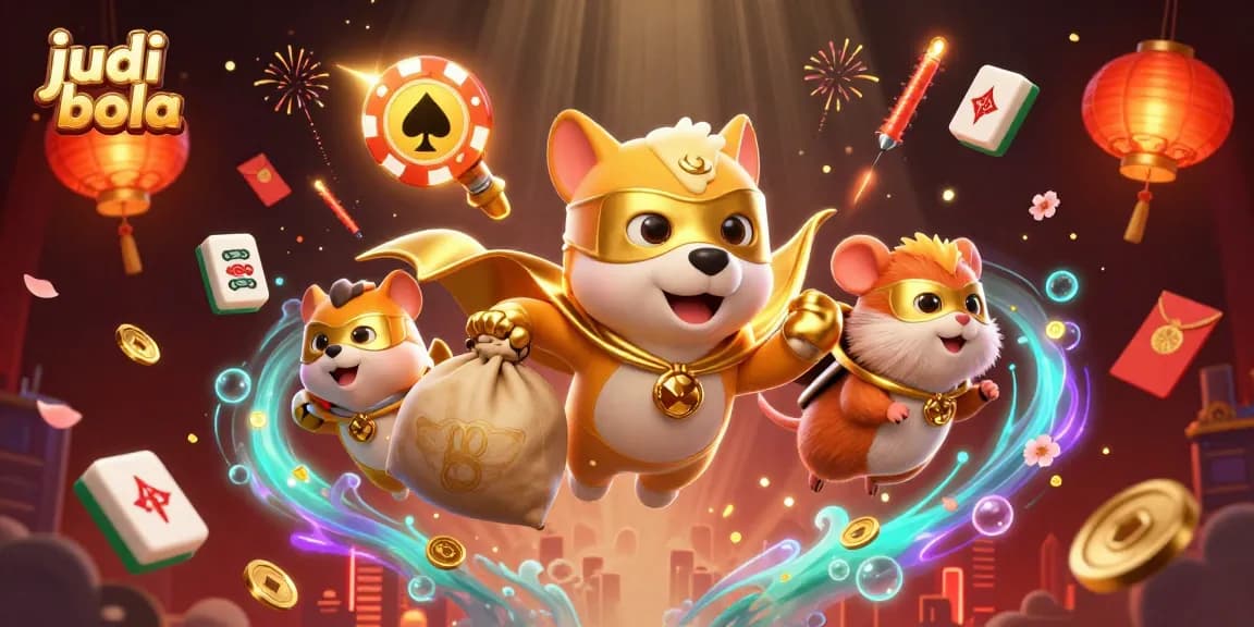 Experience judi bola excitement with a superhero dog and hamster amidst golden riches and vibrant decorations.