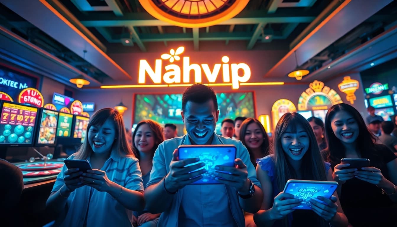 Nhatvip APK iOS Android - Engaging scene of diverse players enjoying vibrant online casino games on mobile devices.