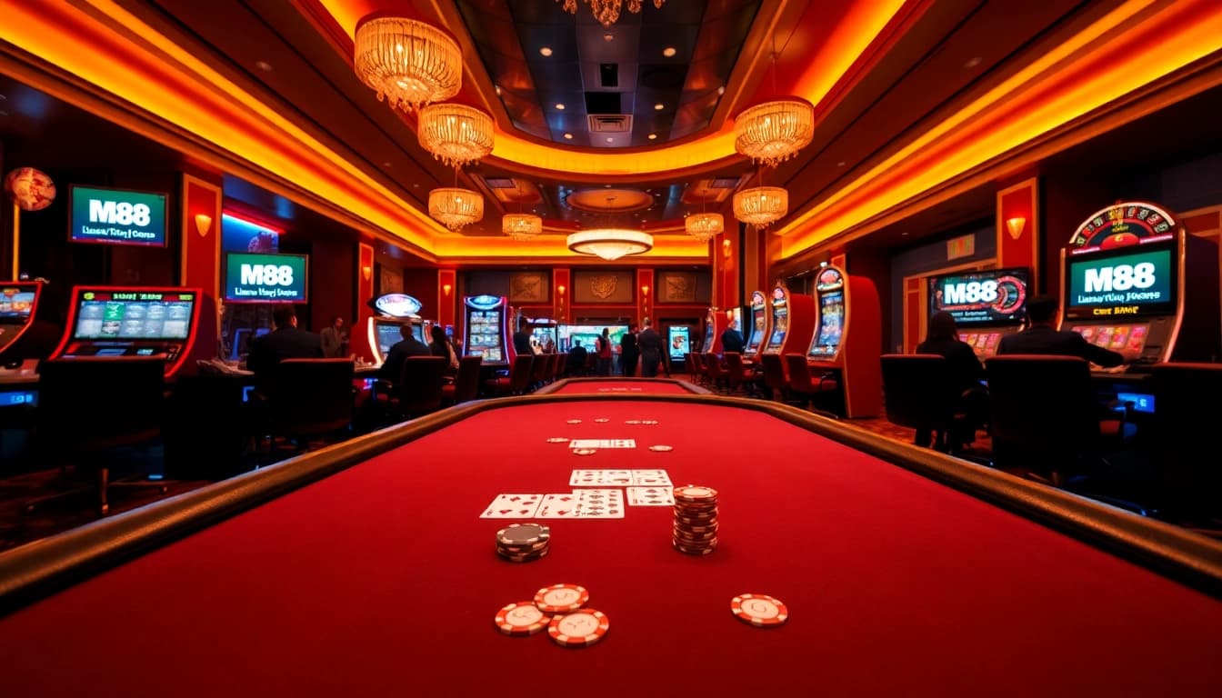 Experience thrilling gameplay at M88 casino with vibrant poker chips and elegant tables.