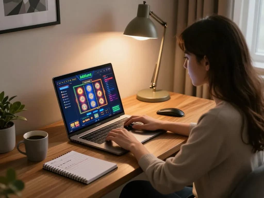 Engaging home gaming scene with kdslots interface displayed on laptop, promoting responsible gambling.