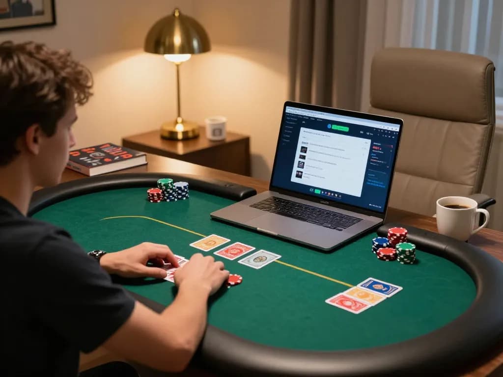 Players strategizing on vaobet poker game, showcasing intense focus and sleek gaming setup.