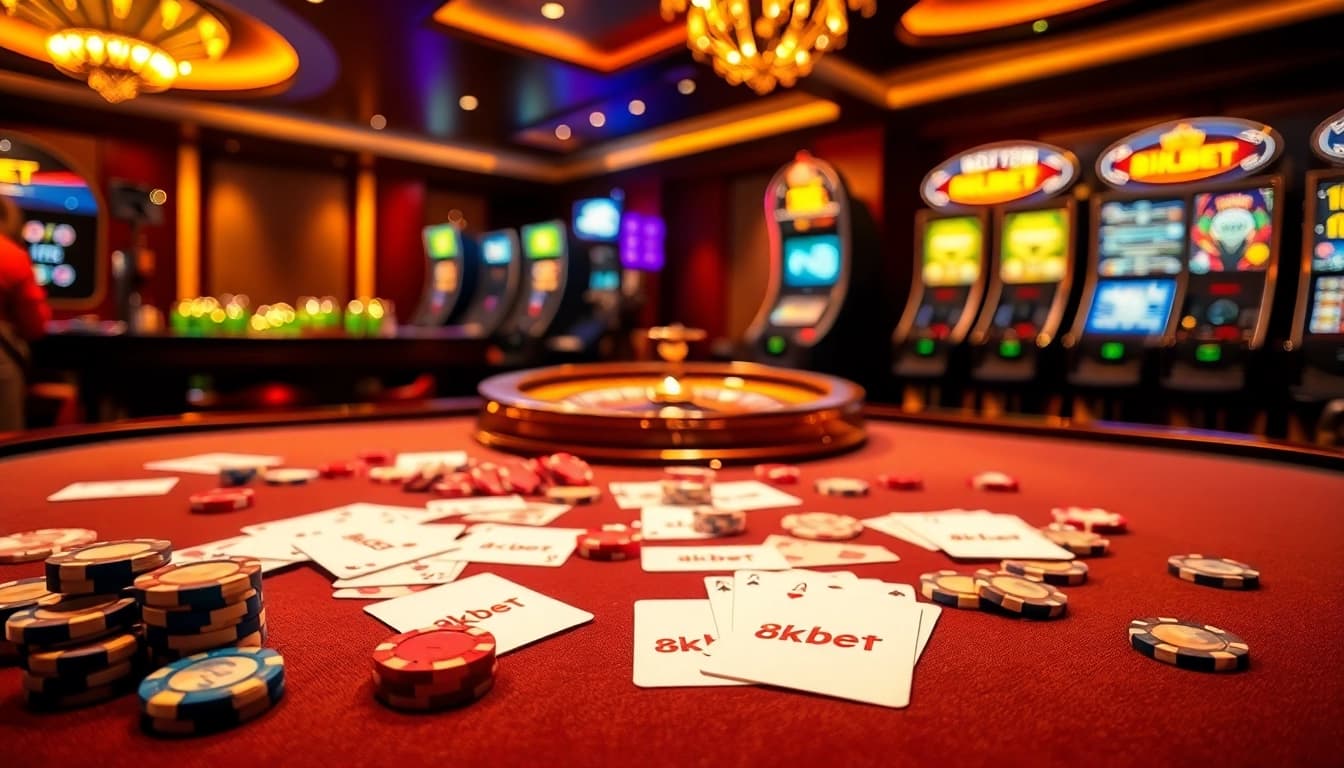 Players engaging with casino games at 8KBET, featuring poker chips and a stylish roulette wheel.