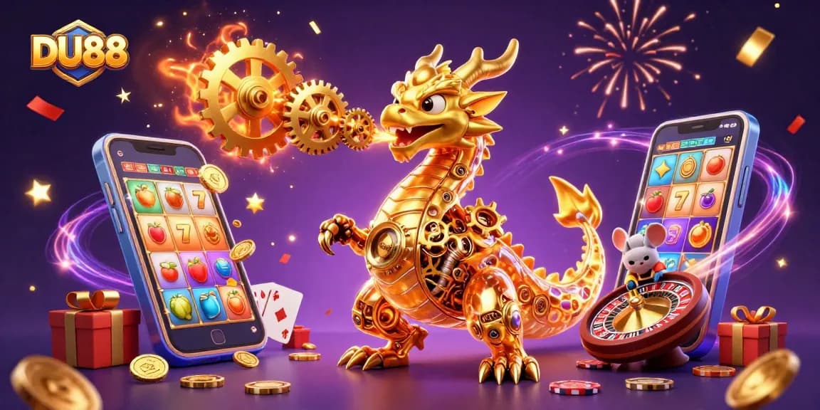 Engage with DU88 slot games featuring vibrant characters, golden coins, and festive decorations.