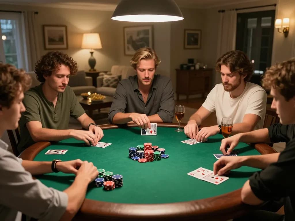 Players enjoying a home poker night, engaged in the thrill of kqbd gaming with vibrant chips and cards.
