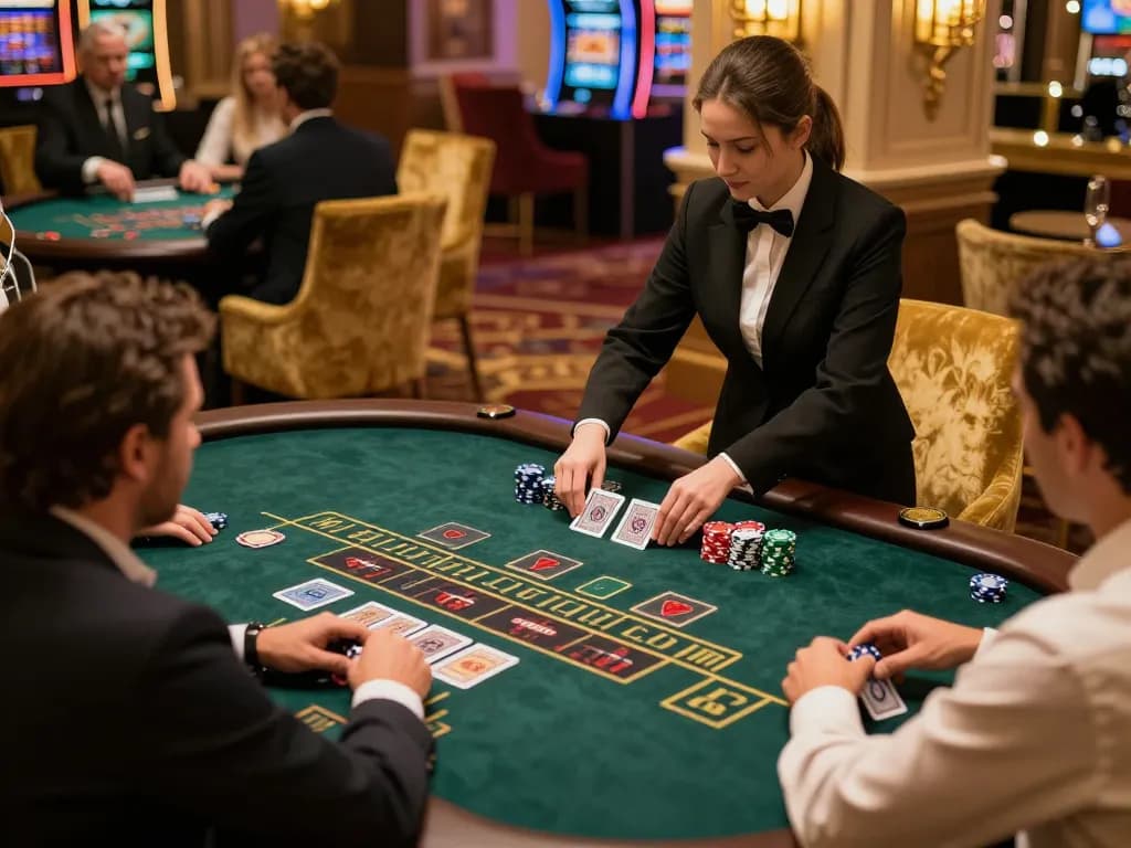 SC88 blackjack players strategizing their bets at an elegant casino table.