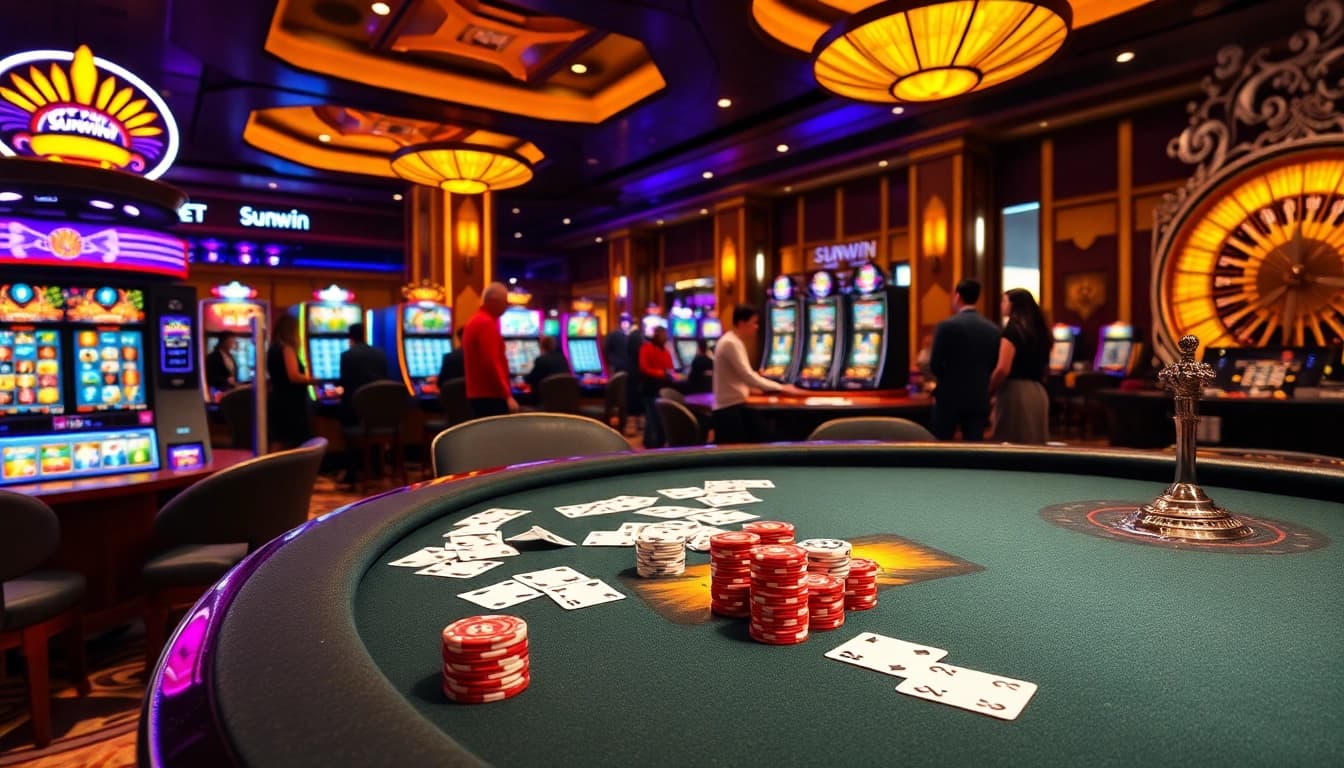 Exciting poker game in a luxurious setting featuring sunwin elements and vibrant casino atmosphere.