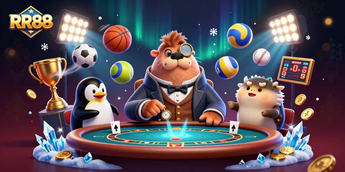 Experience thrilling action at RR88 with a vibrant underwater poker scene featuring an interactive walrus, penguin dealer, and pufferfish bluffing.