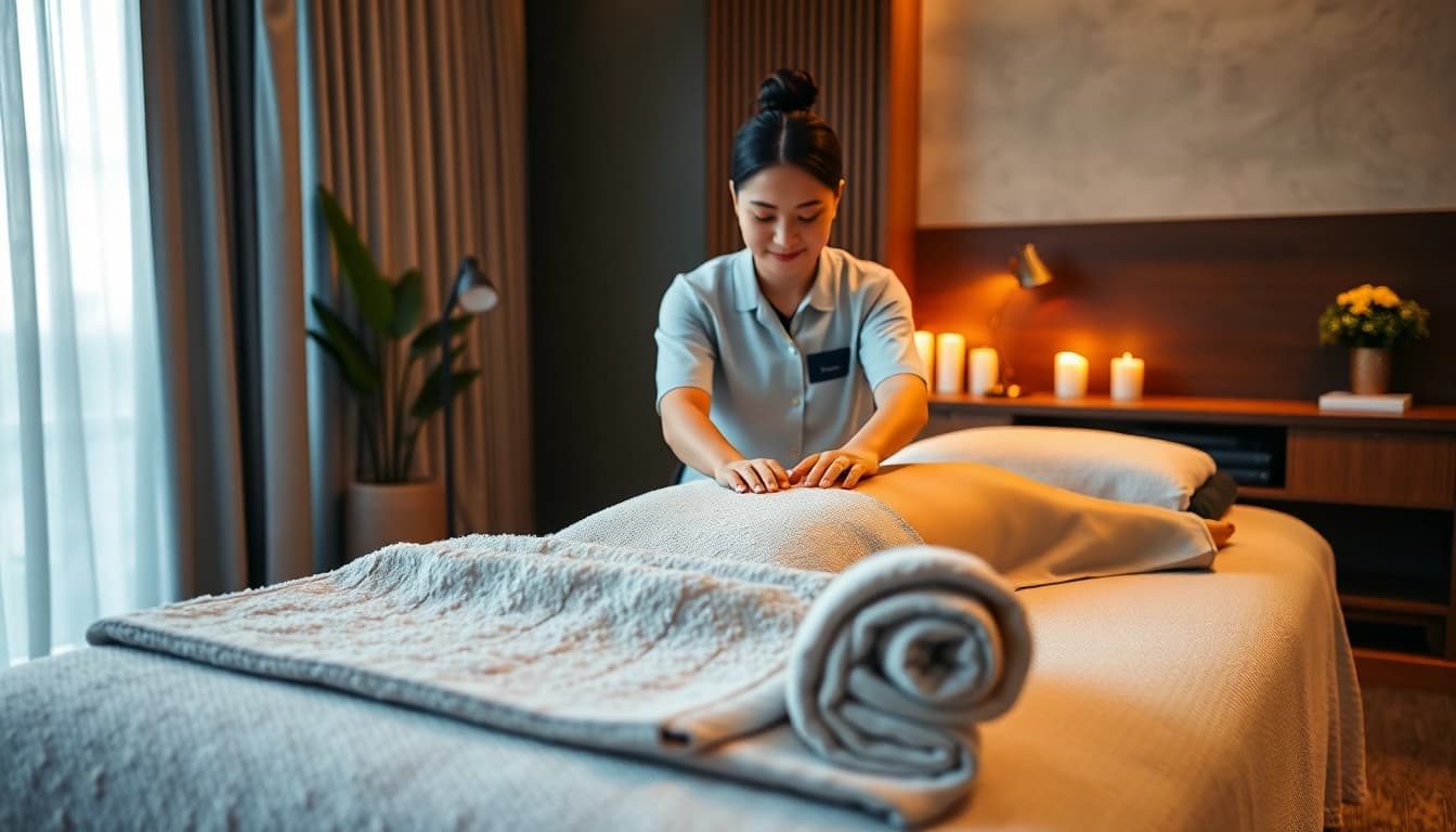 Enjoying a relaxing 수원출장마사지 experience with a professional therapist in a tranquil hotel setting.