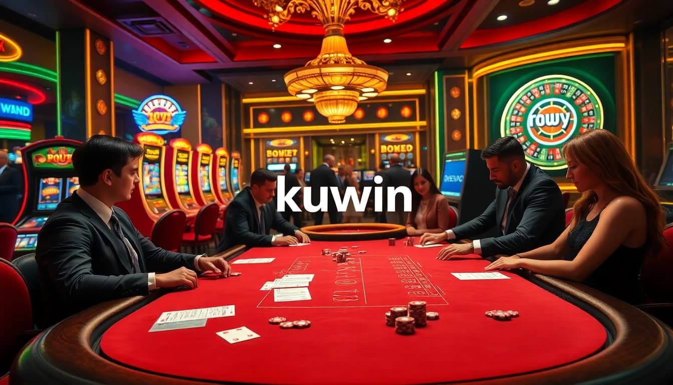 Experience the thrill of kuwin gaming with vibrant poker tables and slot machines.
