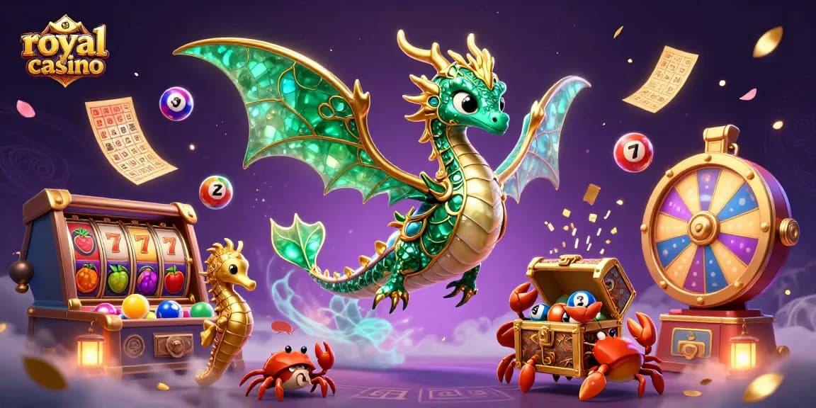Experience the thrill of royal casino with vibrant slot reels and enchanting game elements in this captivating 3D illustration.