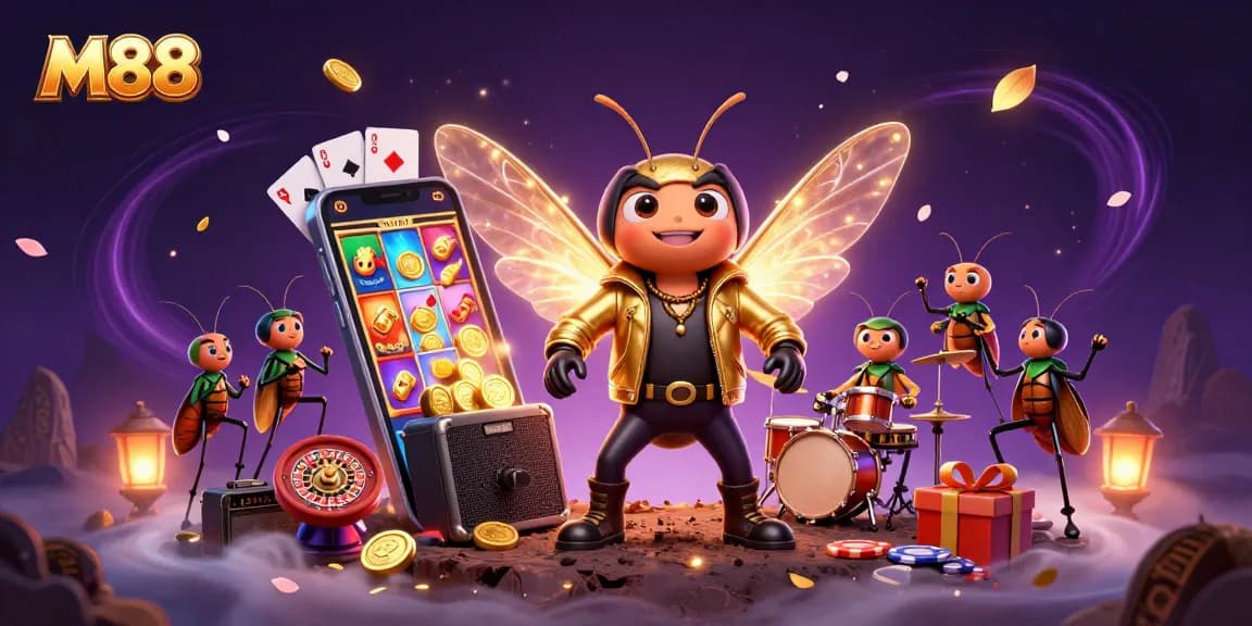 M88 rock star guiding players through exciting online slots, dynamic game elements enhance engagement.