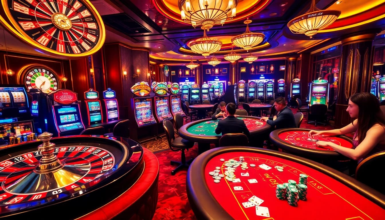 Experience the thrill of kinggaruda138 with vibrant casino visuals featuring slot machines and poker tables.