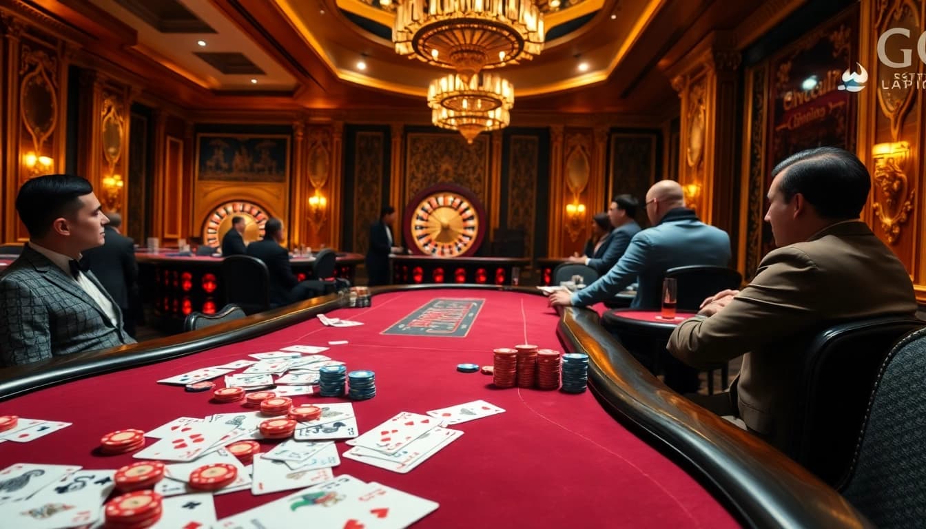 Gamblers engaging in high-stakes poker at a luxurious casino table, featuring GO8 themed elements.