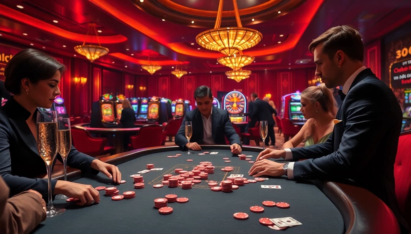 Engaging gameplay at a luxurious 88xx casino poker table with focused players and vibrant ambience.