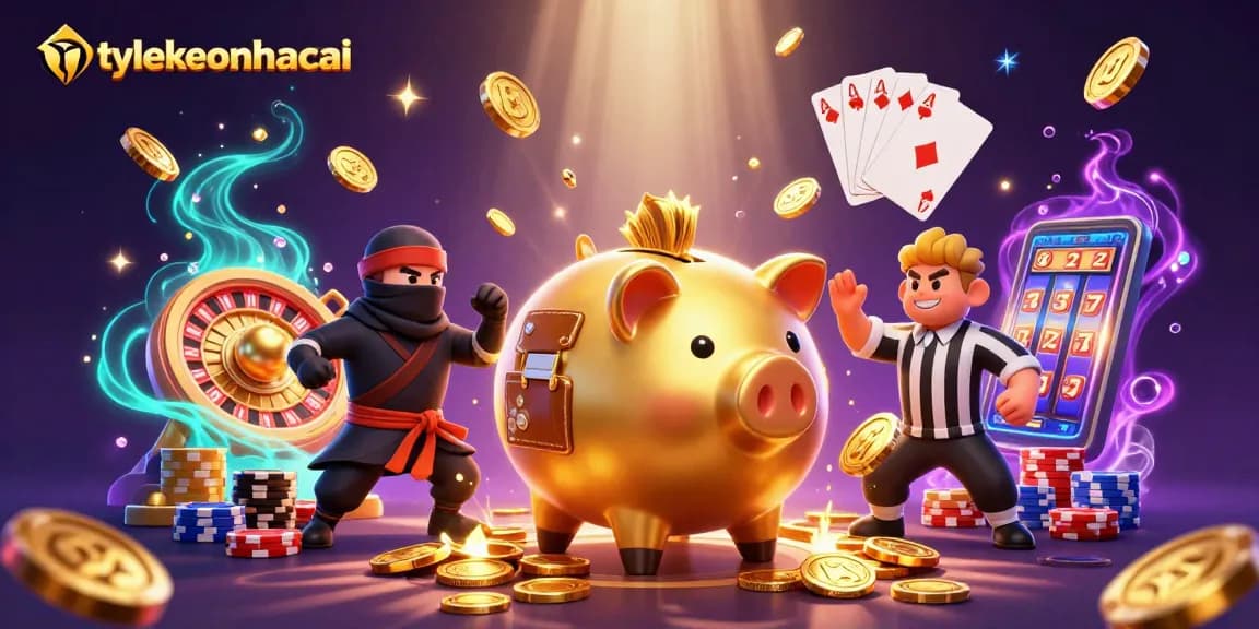 Experience the excitement of tylekeonhacai with a dynamic scene of a golden piggy bank sumo wrestler and vibrant casino elements.
