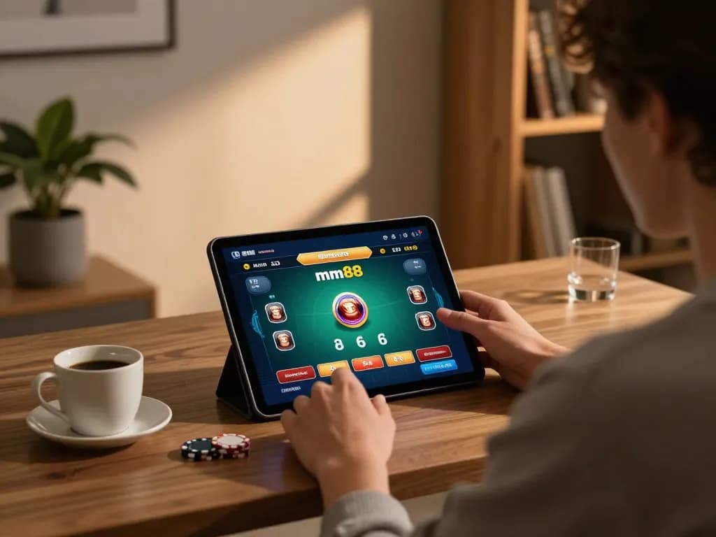 Player engaging with mm88 online poker game on a tablet in a warm, inviting home study.