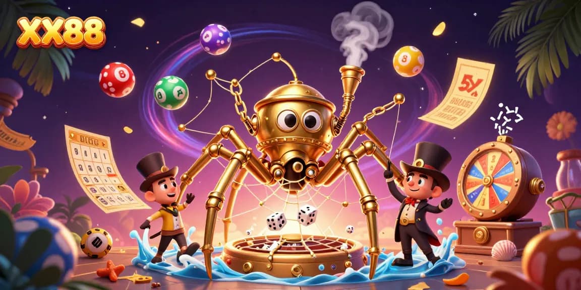 Engage with thrilling XX88 lottery games as a golden spider spins a web of luck and fortune.