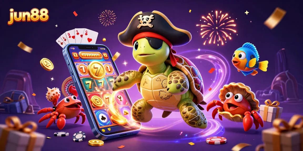Experience casino thrills with jun88's vibrant 3D illustration featuring pirate turtle and exciting gaming elements.