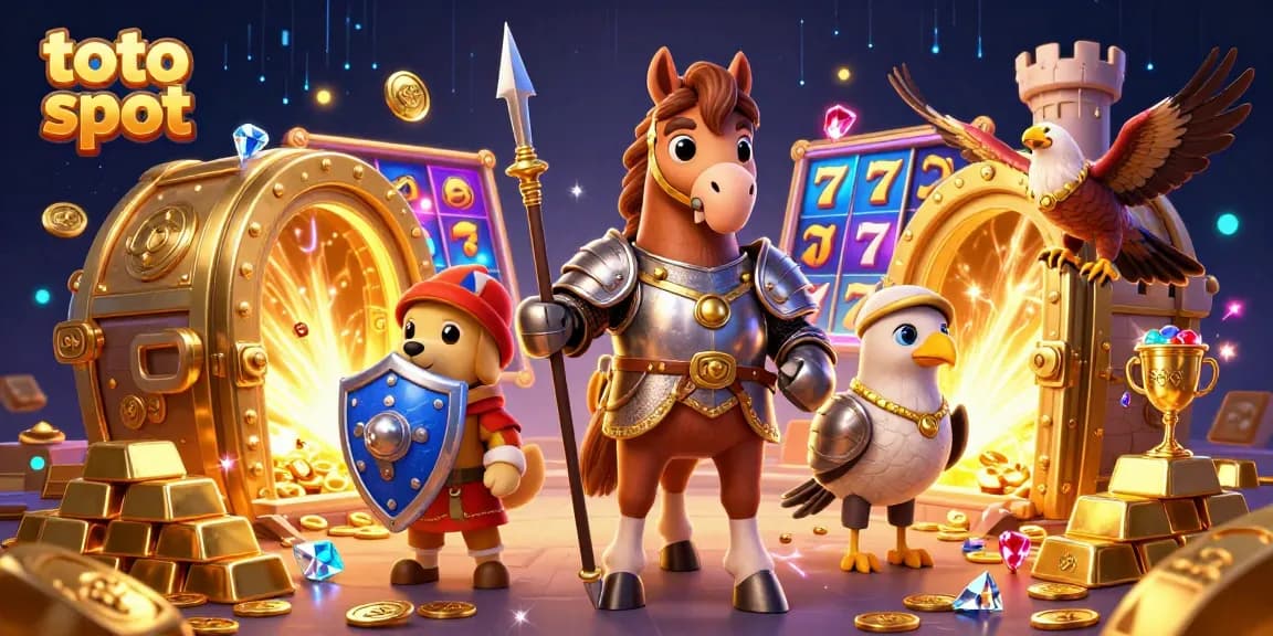 Toto slot players spin vibrant reels with a knight, puppy, and falcon in a dynamic casino scene.