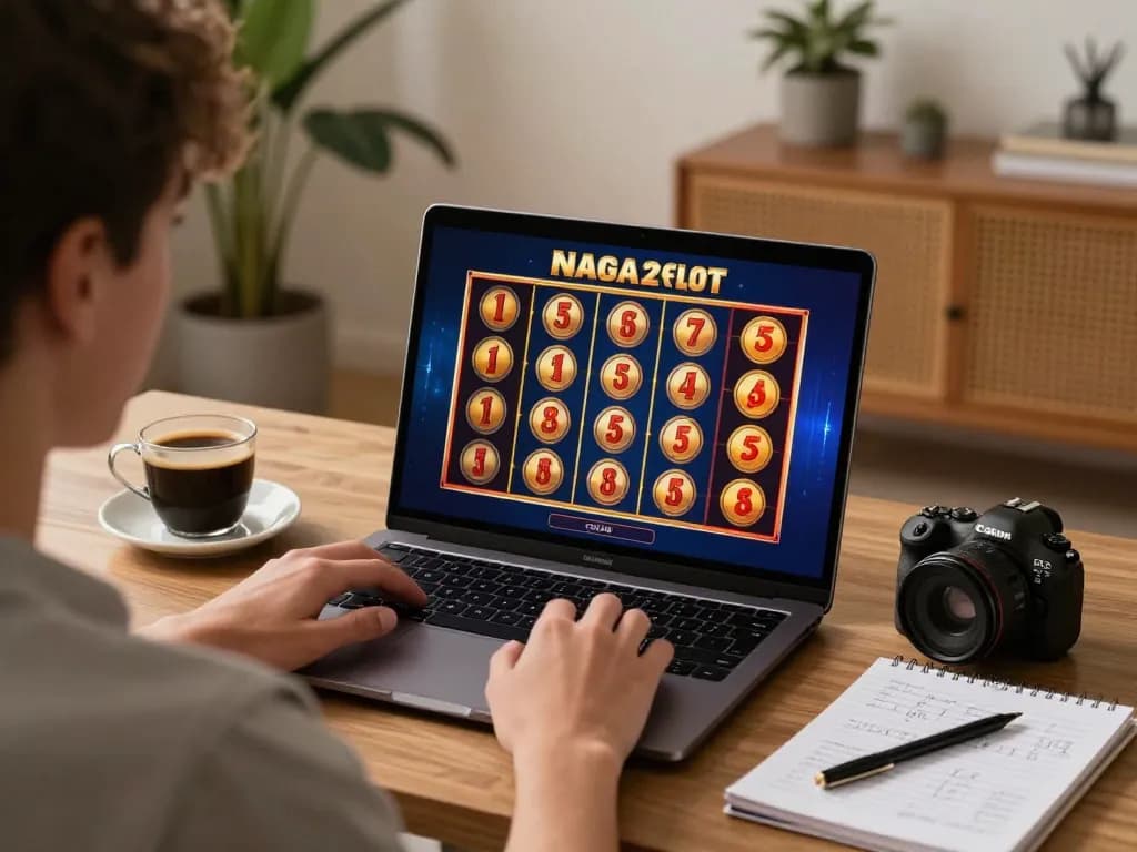 NAGA2000 SLOT gameplay on a laptop, showcasing a winning slot spin in a cozy home gaming setup.
