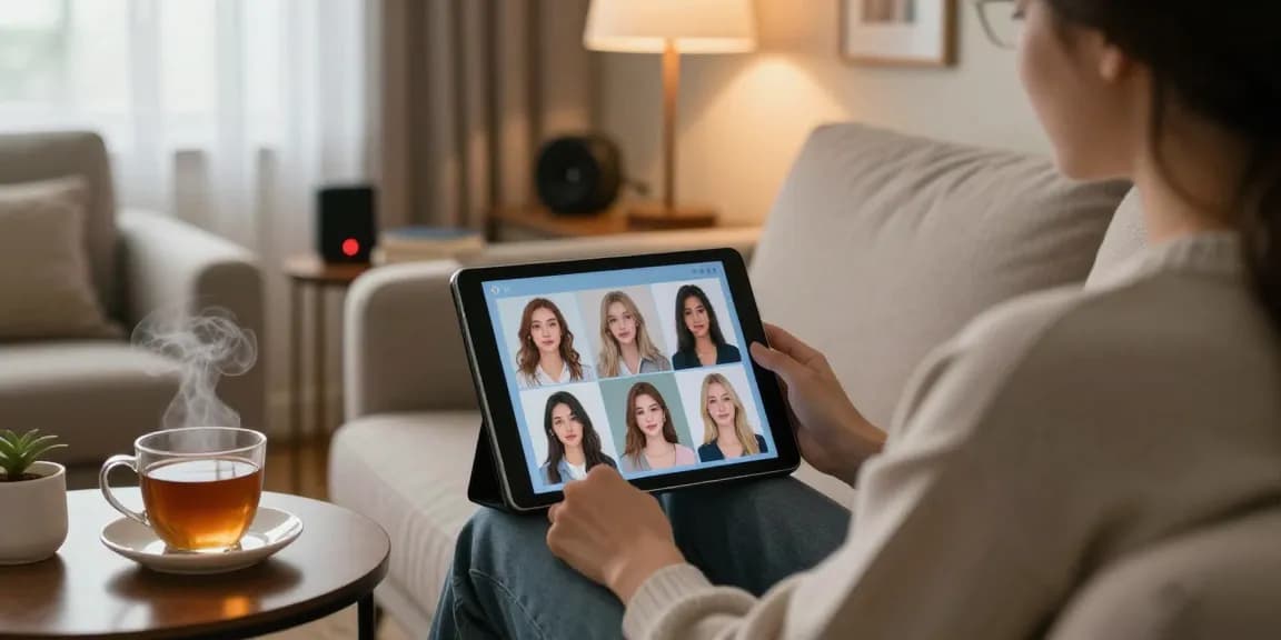 Engaging with an AI girlfriend in a cozy setting, showcasing digital interaction.
