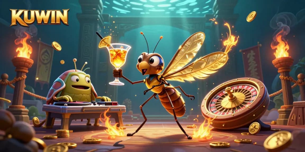 Experience thrilling gaming at KUWIN with a lively 3D casino scene featuring unique characters and dynamic elements.