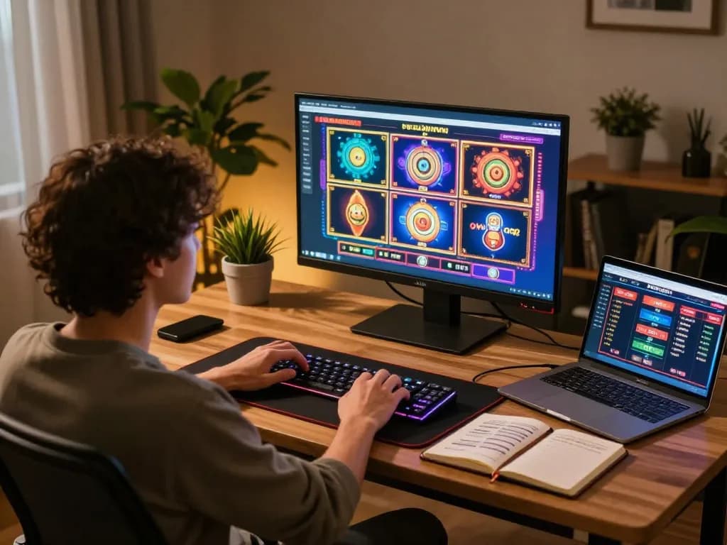 Engaged player experiencing situs gacor slot games at home with vibrant visuals and strategy notes.