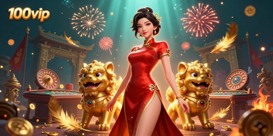 Experience thrilling gaming action with 100vip in a vibrant casino setting featuring Asian cultural elements.