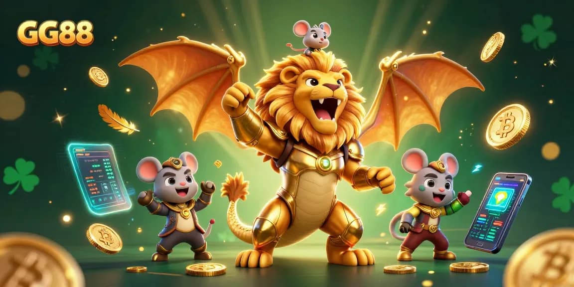 Experience GG88's dynamic betting action with a roaring chimera and crypto imagery in a vibrant casino scene.