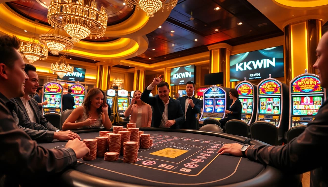 KKWIN casino scene with players enjoying poker at a premium table and vibrant slot machines.