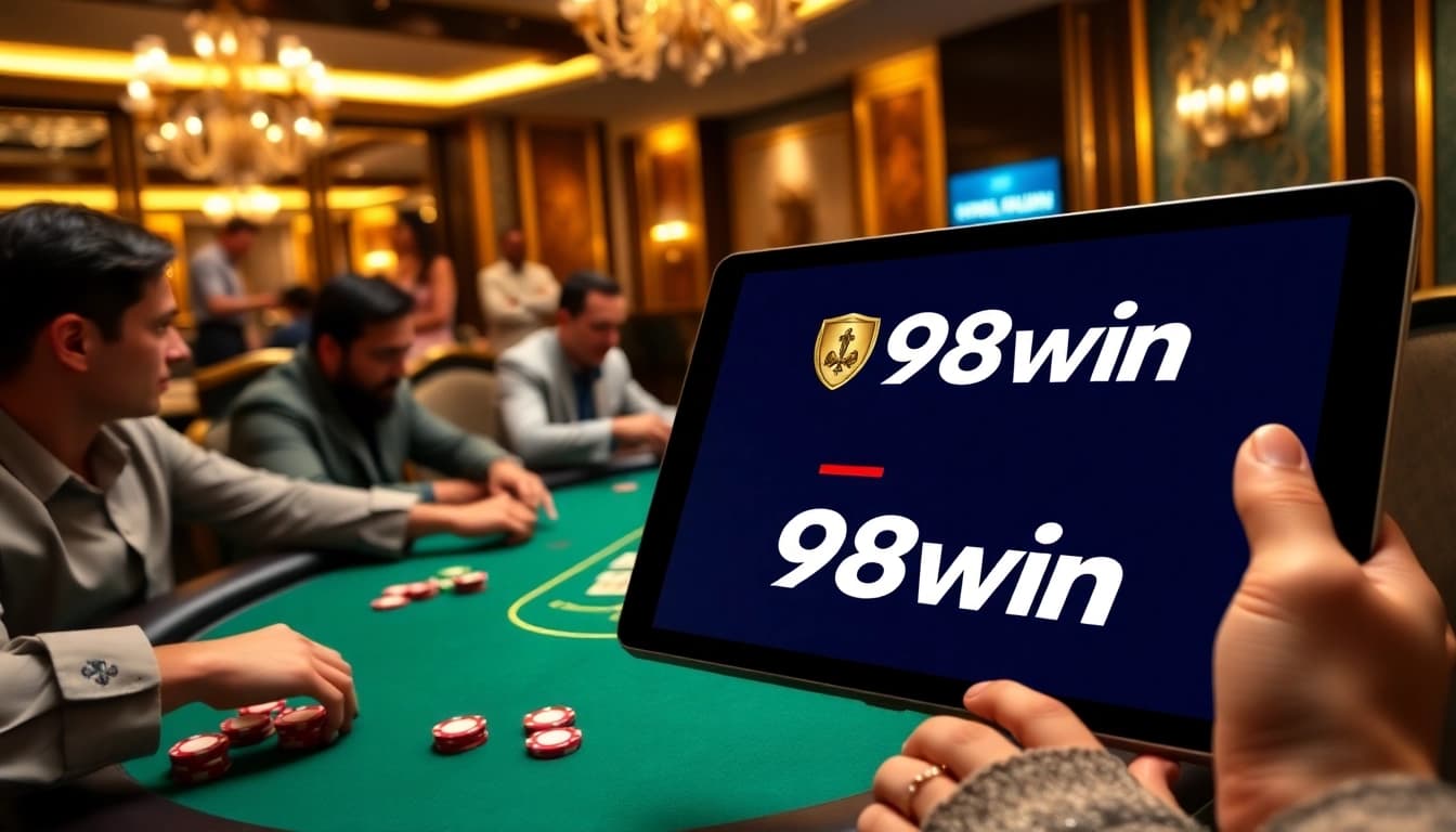 Experience thrilling poker action at 98win casino, showcasing vibrant chips and a luxurious setting.