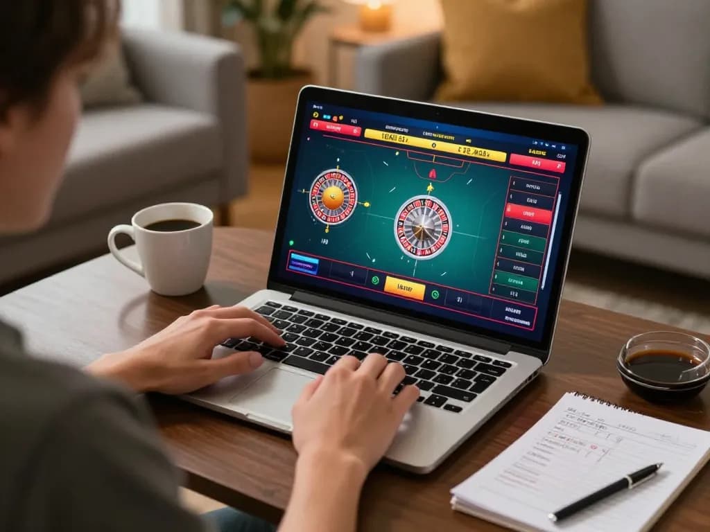 Player engaging with O8's online roulette game on a laptop in a modern home setup