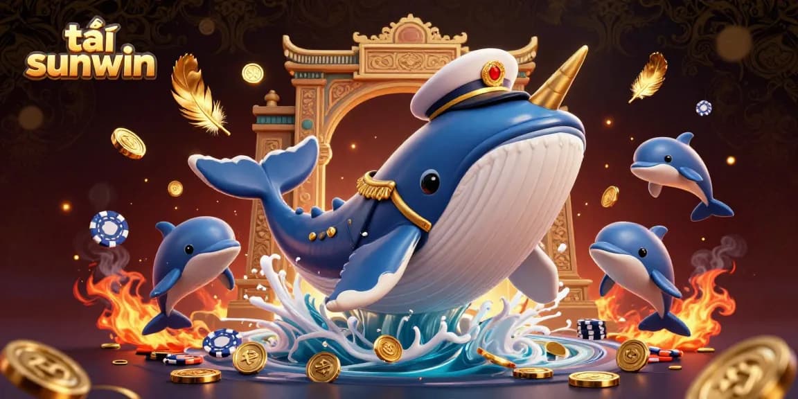 Play exciting games with tải sunwin, featuring a vibrant whale and dolphins amidst golden coins.