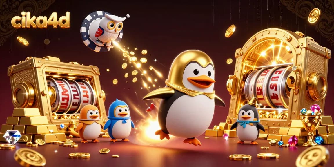 Experience thrilling gaming at cika4d with a vibrant casino illustration showcasing exciting slot elements and gold treasures.