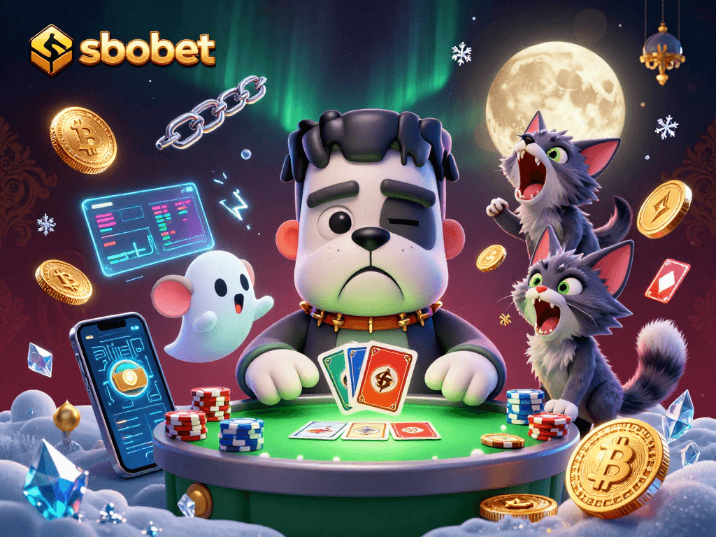 sbobet players enjoy card games with a spooky bulldog dealer, ghost mouse, and golden moon backdrop