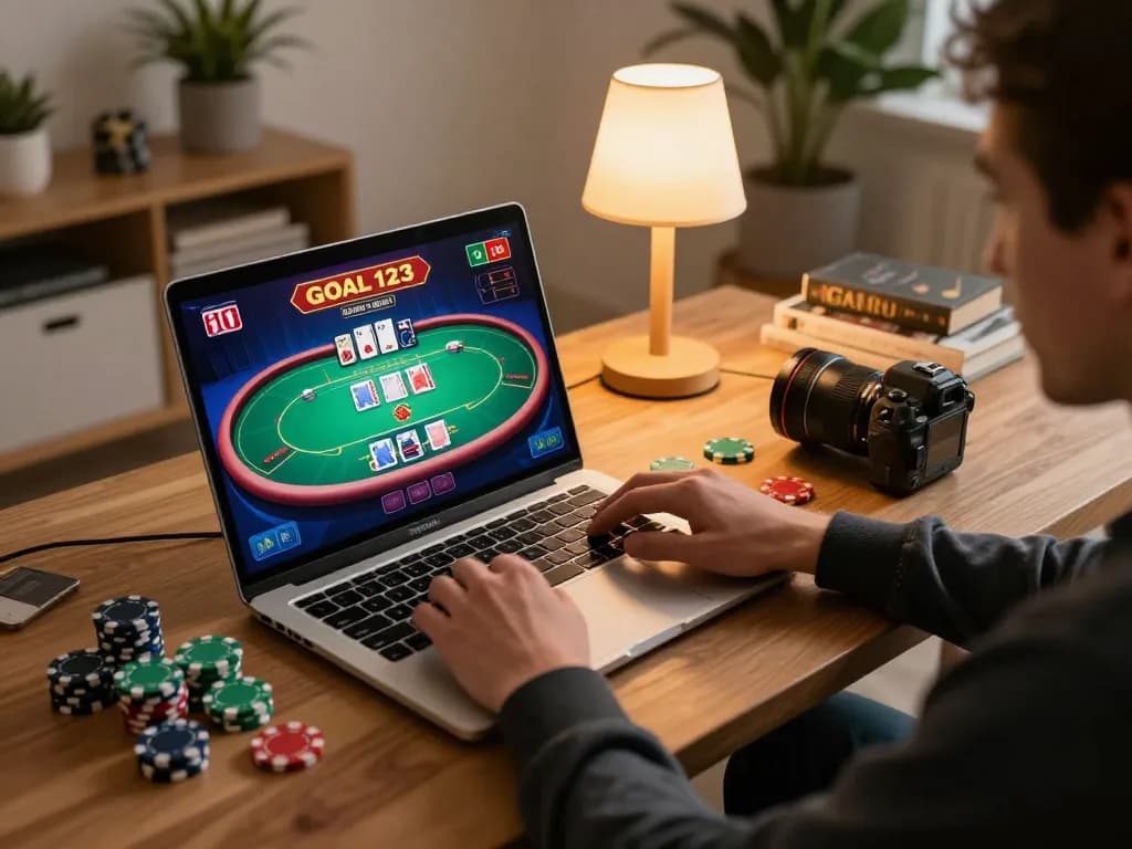 Player engaging in online casino gaming with goal123 on a laptop, vibrant poker table interface displayed, cozy home setting