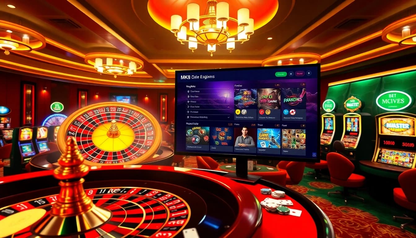 Experience the thrill of winning at https://mk8th.net/ with a vibrant casino scene showcasing poker tables and roulette.