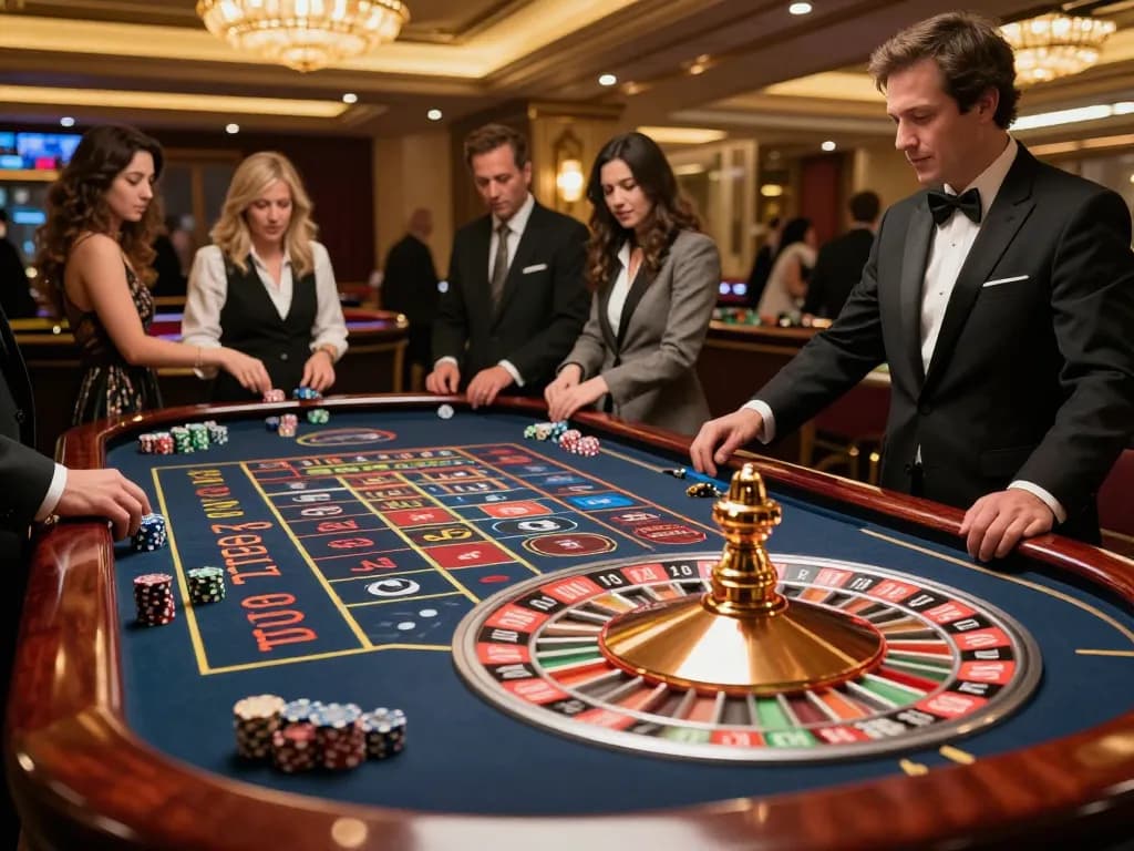 Exciting roulette table action at F8BET casino with players eagerly placing bets.