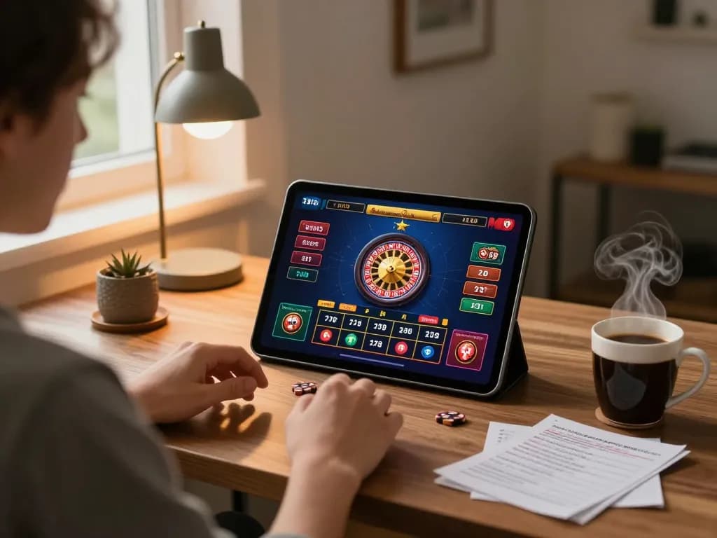 A player enjoying 100VIP online casino action on a tablet at home, with strategy notes nearby.