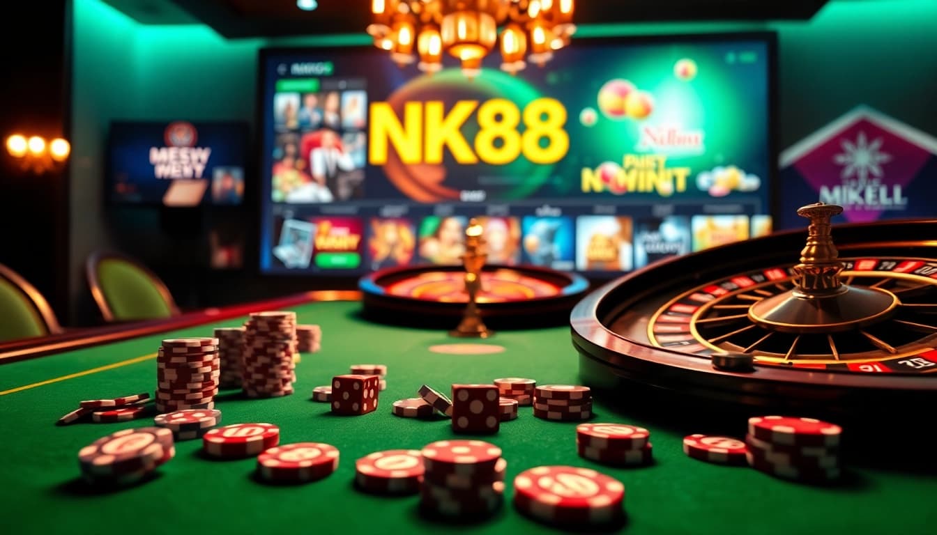 Players enjoying thrilling games at NK88, engaging with vibrant casino elements like chips and roulette.