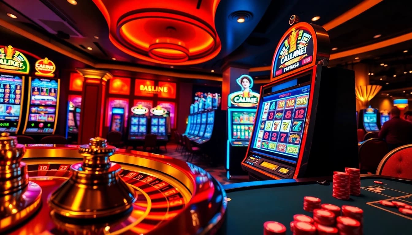 Excited player spinning the reels on a slot machine in a luxurious casino.