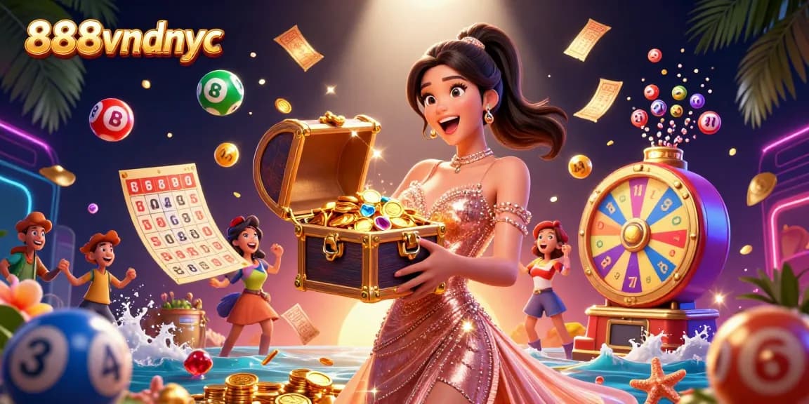 Engaging illustration showcasing 888vndnyc's treasure chest overflowing with coins and gems, radiating excitement.