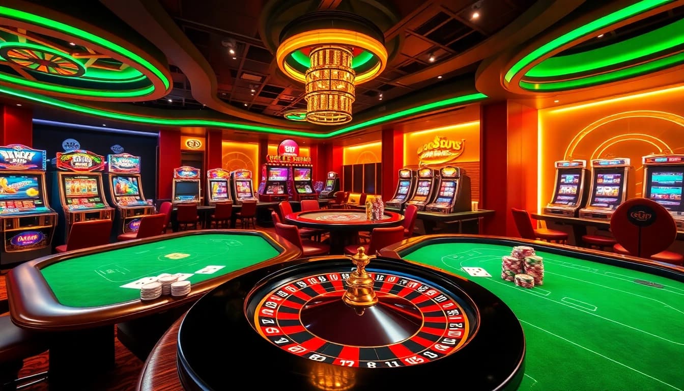 Exciting online gaming experience at 68VIP with vibrant casino tables and colorful slot machines.